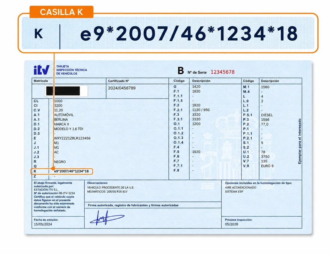 Tarjeta de ITV con la casilla K ampliada, mostrando la contraseña de homologación europea