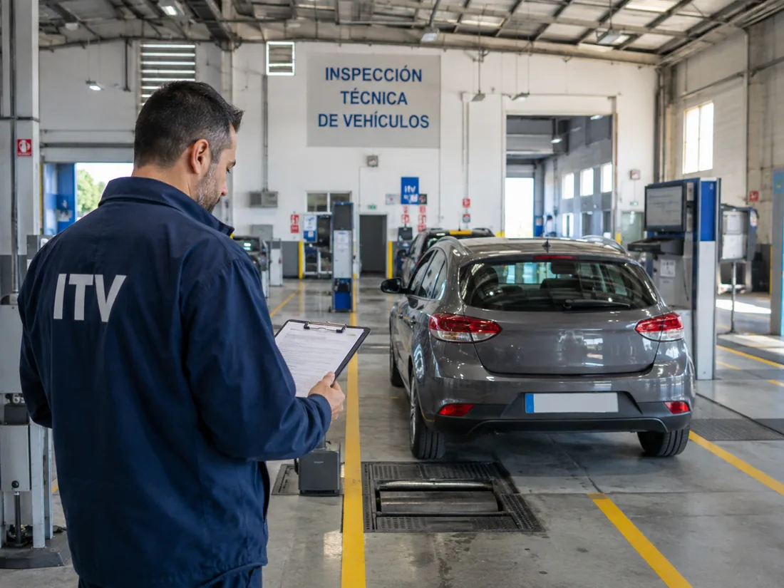 Técnico de ITV revisando un coche en la línea de inspección