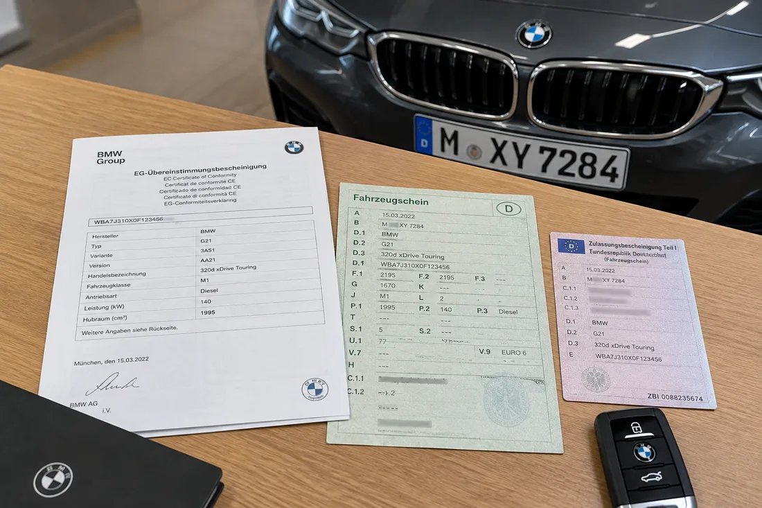 Documentación de un coche importado sobre una mesa, con el vehículo al fondo