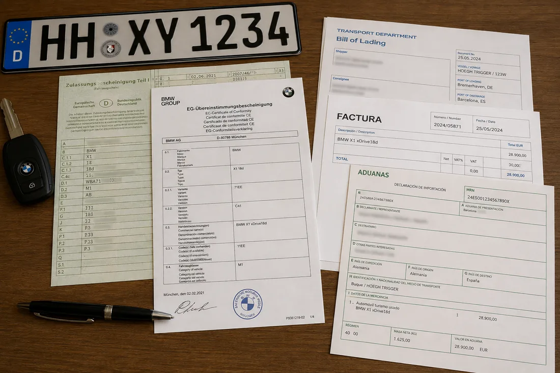 Matrícula alemana, factura de compra y documentación de importación sobre una mesa