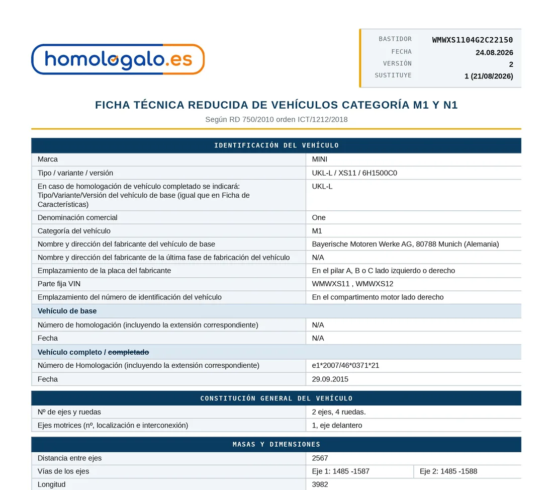 Ficha técnica reducida emitida por homologalo.es para un coche alemán