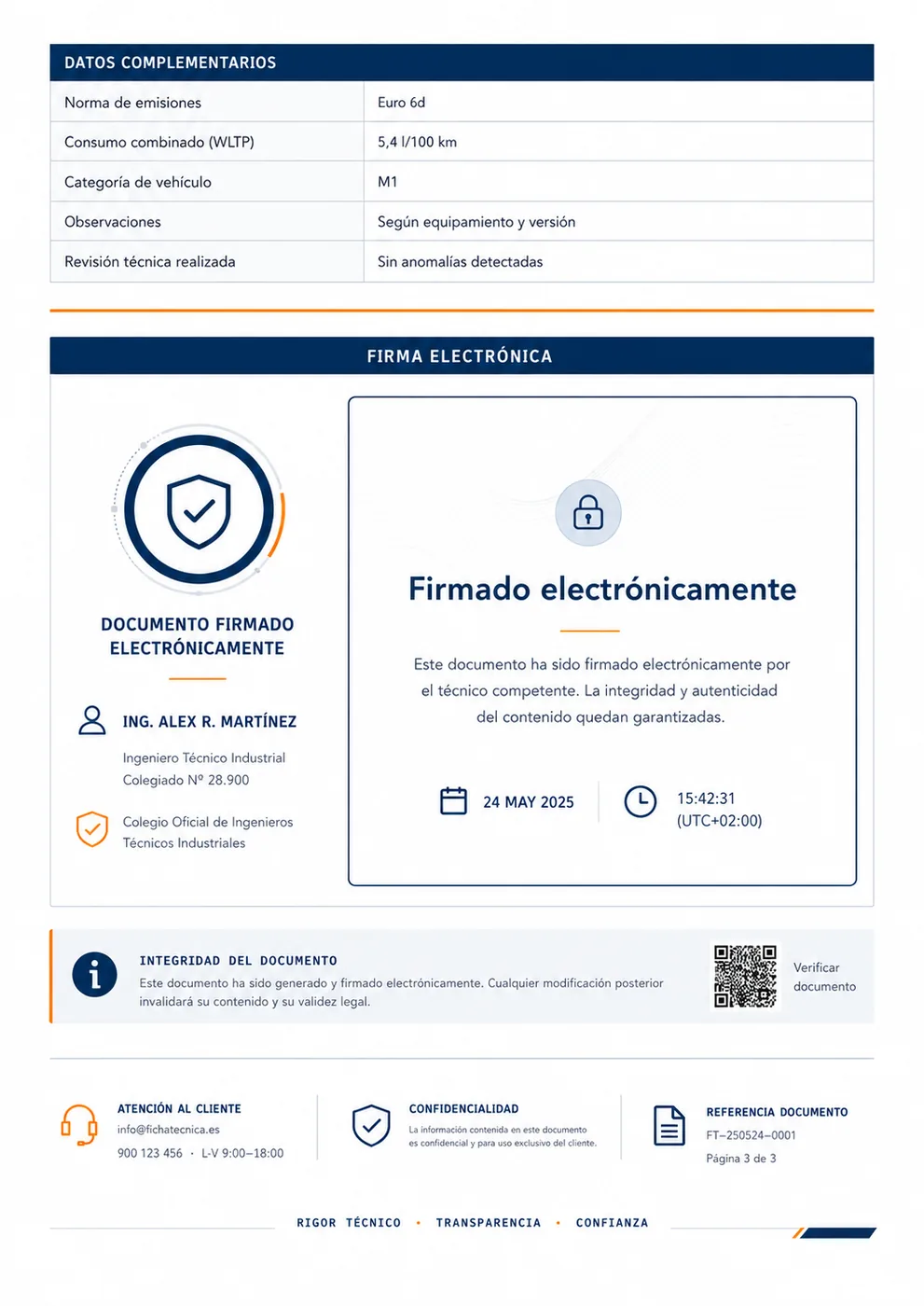 Ficha técnica reducida con el sello de firma electrónica del ingeniero