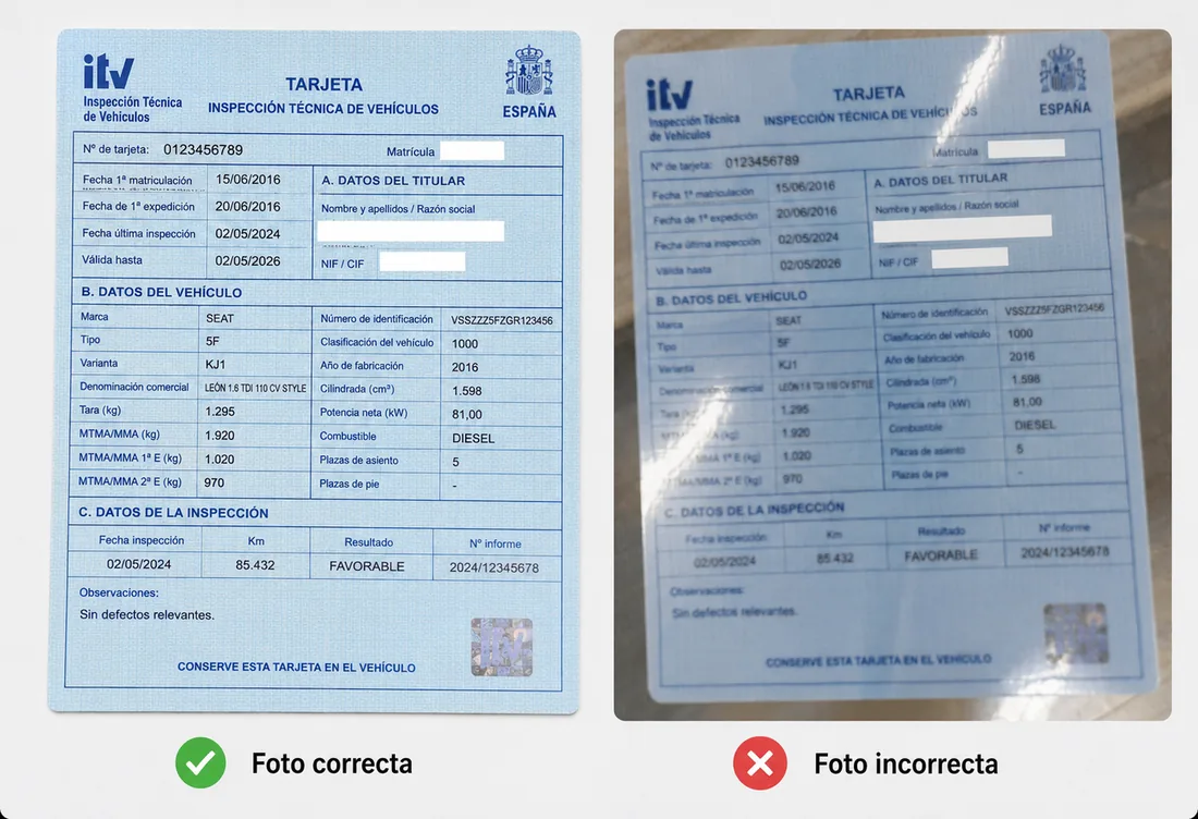 Comparación entre una foto correcta de la tarjeta de ITV y otra incorrecta