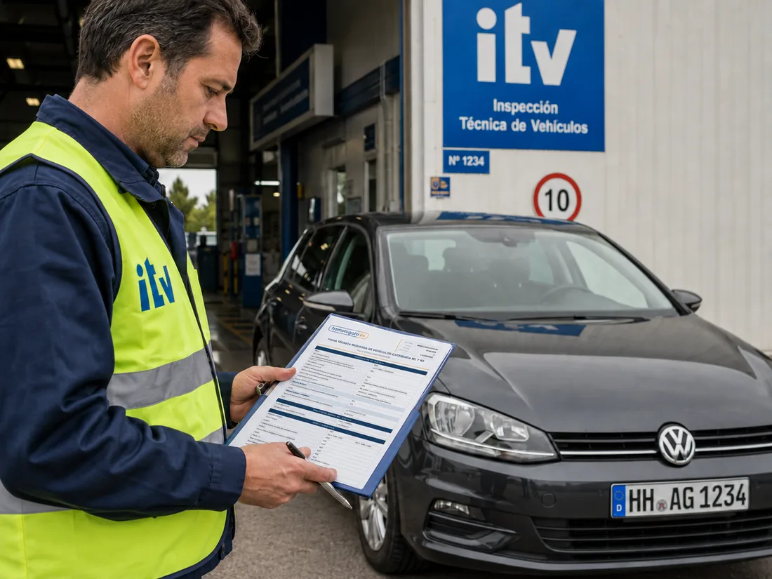Técnico de ITV revisando la ficha reducida junto a un coche importado