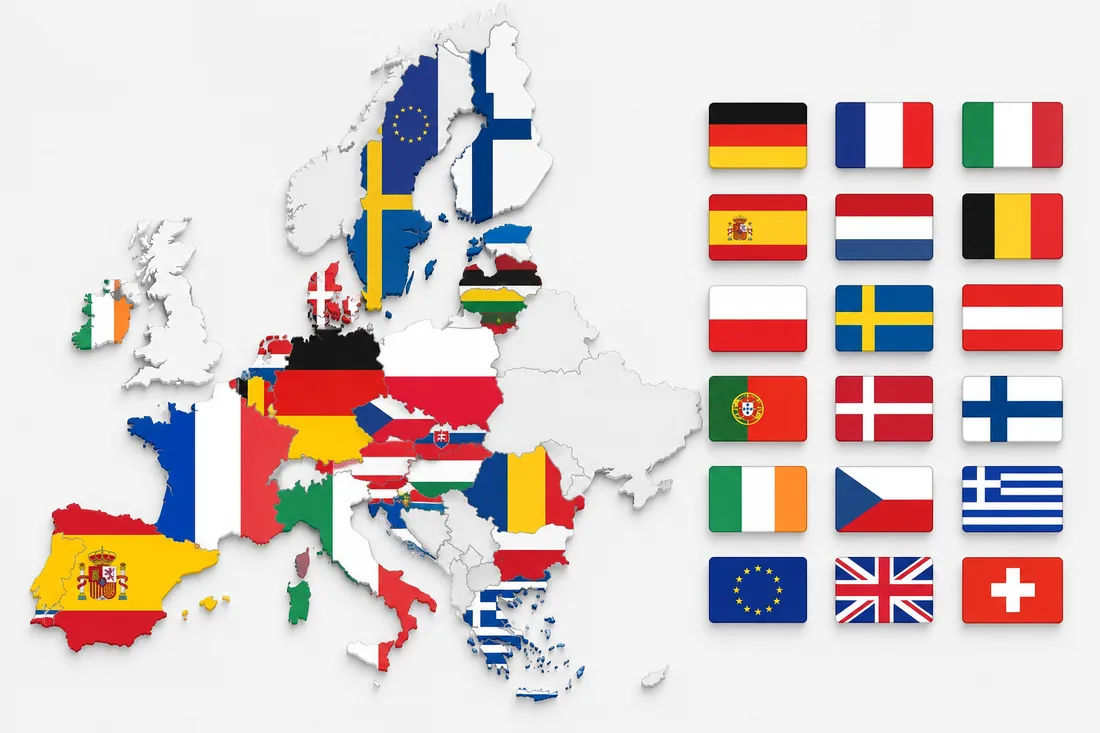 Mapa de Europa con las banderas de los países de la Unión Europea