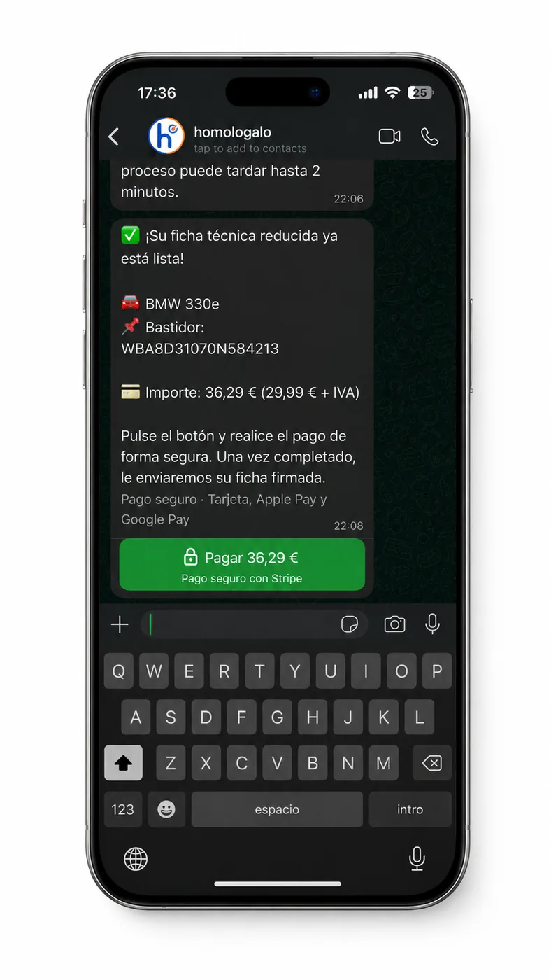 Botón de pago de 36,29 € dentro del chat de WhatsApp