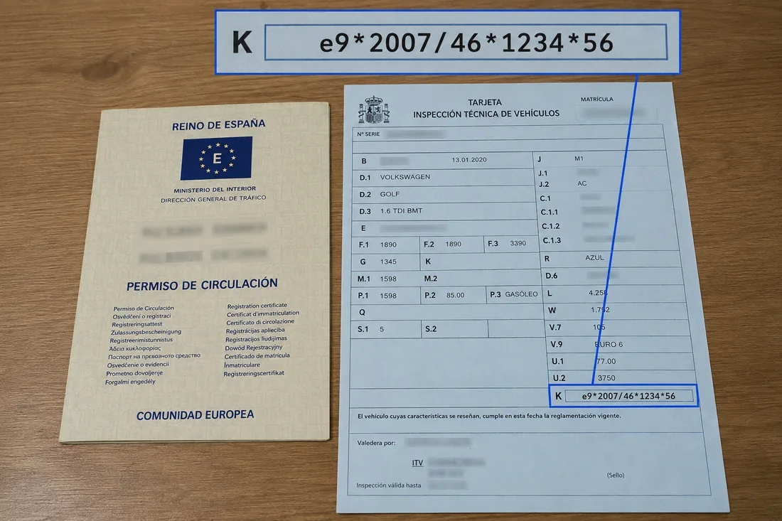 Permiso de circulación y tarjeta de ITV sobre una mesa, con la casilla K ampliada